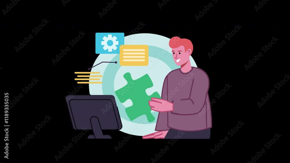 Poster a young european man works on a puzzle piece illustration while analyzing data on a computer screen,