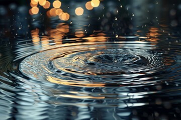 Digital raindrops create mesmerizing ripples and distortions on a reflective surface with glimmers of light in the background during a quiet evening
