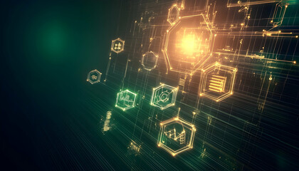 Obraz premium Futuristic data network, glowing icons, abstract background, technology concept, ideal for tech websites
