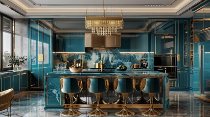 Fototapeta premium A luxurious kitchen with vibrant accents of teal and gold, complemented by polished stone countertops and contemporary fixtures.