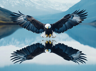 Obraz premium Majestic eagle soaring with a symmetrical reflection on a serene surface, symbolizing strength and freedom, dynamic backdrop with dramatic skies or tranquil waters, wildlife in flight
