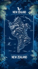 Elegant Blue-Toned Outline Map of New Zealand
