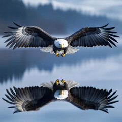 Obraz premium Majestic eagle soaring with a symmetrical reflection on a serene surface, symbolizing strength and freedom, dynamic backdrop with dramatic skies or tranquil waters, wildlife in flight