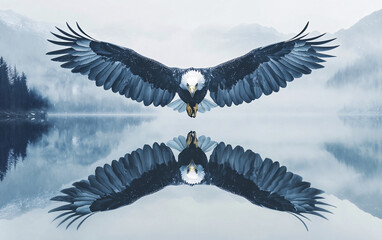Obraz premium Majestic eagle soaring with a symmetrical reflection on a serene surface, symbolizing strength and freedom, dynamic backdrop with dramatic skies or tranquil waters, wildlife in flight