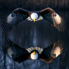 Obraz premium Majestic eagle soaring with a symmetrical reflection on a serene surface, symbolizing strength and freedom, dynamic backdrop with dramatic skies or tranquil waters, wildlife in flight