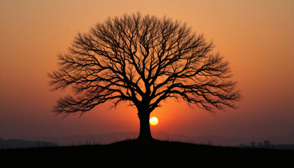 Silhouette of a Leafless Tree Against a Vibrant Sunset