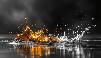 Dynamic splash of gold and silver liquid in motion against dark background