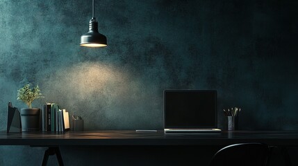 Late Night Work:  A minimalist workspace illuminated by a single pendant light, creating a focused ambiance for late-night work sessions. This image exudes a sense of calm determination.