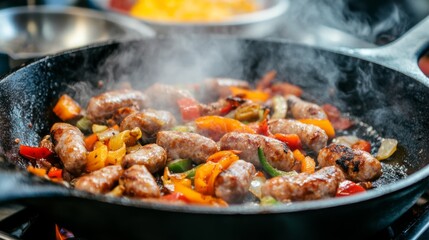 A close-up of sausages cooking in a cast iron skillet, surrounded by sauted onions and peppers, with steam rising from the hot pan.