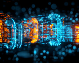 Fototapeta premium Futuristic data stream flowing through digital space; abstract background for tech concepts; website header or presentation slide