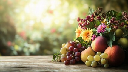 Colorful Fruit and Flower Arrangement on Wooden Table Display