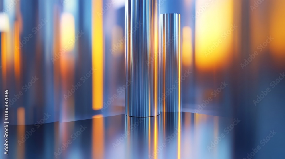 Poster a close-up view of a d bar graph, featuring shiny metallic bars with reflections, set against a grad