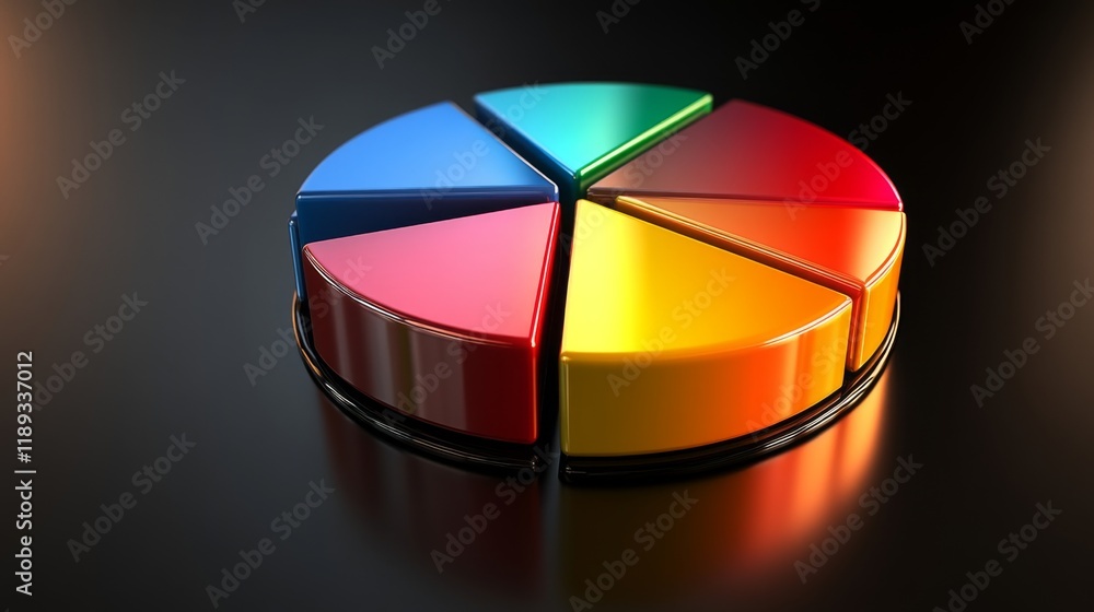 Poster A close-up view of a D pie chart with distinct segments, showcasing data distribution in bright colors, highlighted by reflections and shadows for depth.