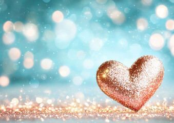Fototapeta premium Glittering heart with radiant pink to gold gradient on sparkling blue bokeh background