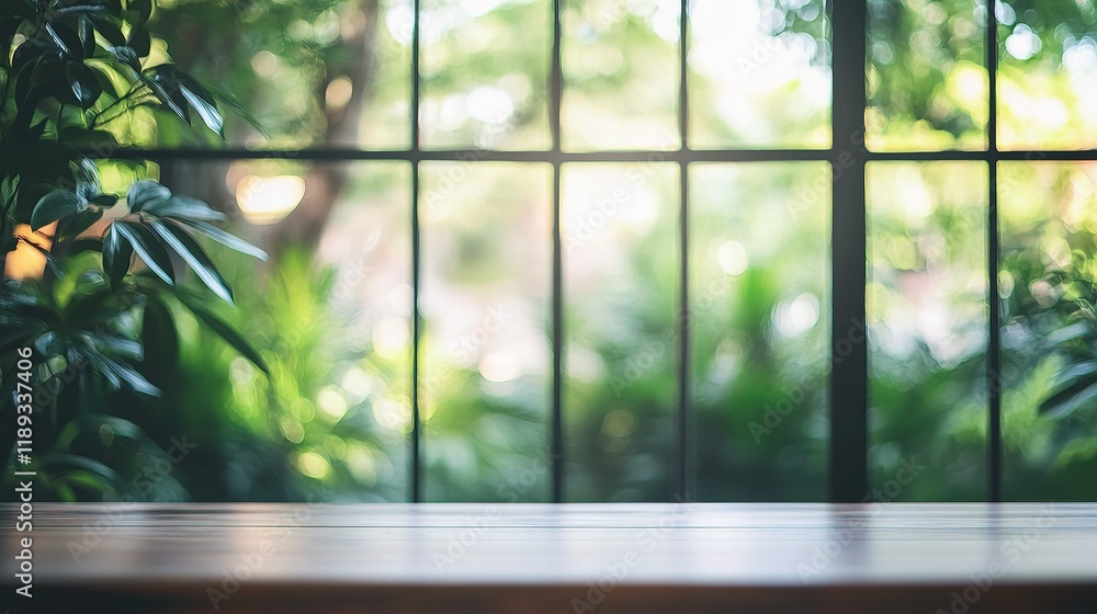Poster sunlit wooden table by the window: a warm, inviting image featuring a rustic wooden table set agains