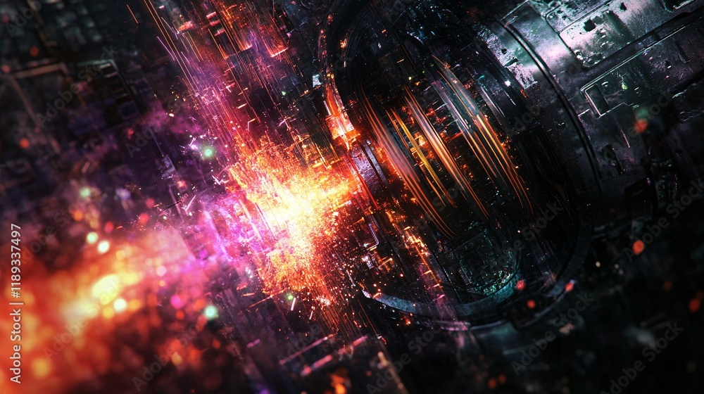 Poster vivid abstract background with colorful light trails and particles
