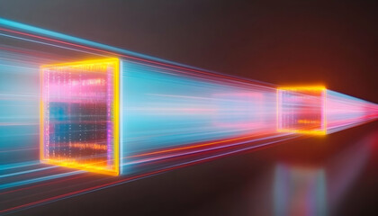 Futuristic data transfer, cubes moving through neon light tunnel, abstract background, technology concept