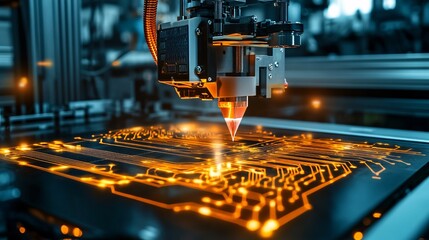 3D Printer in Action Over Industrial Landscape with Circuit Design