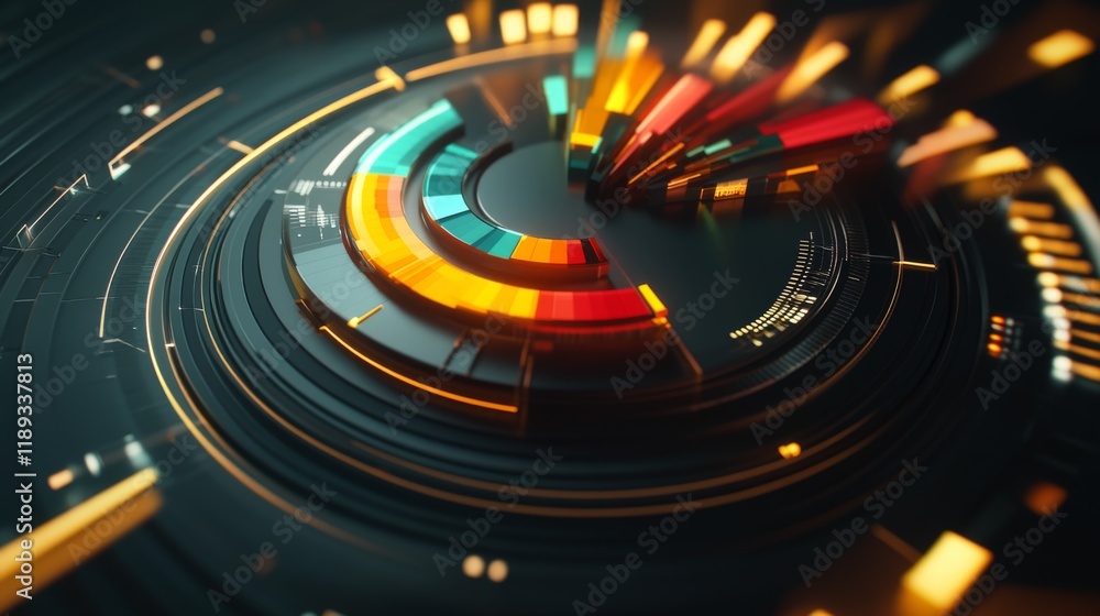 Poster a dynamic d pie chart rotating on a digital interface, showcasing real-time data analysis with color