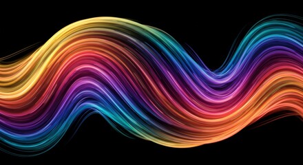 Obraz premium Rainbow Wave Abstract: Vibrant, flowing lines of rainbow hues create a dynamic and energetic abstract wave against a stark black background. The image is perfect for projects needing a bold.