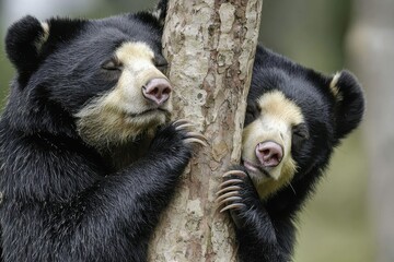 A pair of Andean bears climbing a tree in the cloud forest, distinctive facial markings visible
