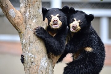 A pair of Andean bears climbing a tree in the cloud forest, distinctive facial markings visible