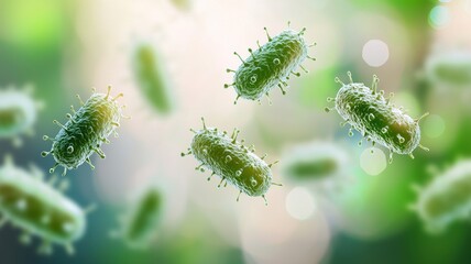 A vibrant illustration of bacteria floating in a blurred green background, showcasing their unique shapes and structures.