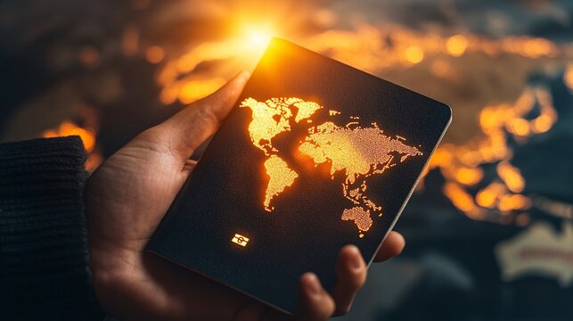 Close Up of Hand Holding Passport Against World Map Background