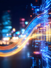 Fototapeta premium Futuristic digital data stream flowing through city at night; abstract technology background for websites and presentations