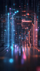 Obraz premium Futuristic digital data streams flow through a glowing circuit board; background is a matrix of binary code; perfect for tech websites or presentations