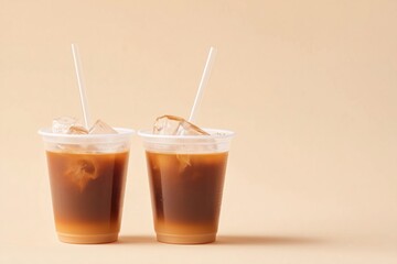 Two plastic cups with iced coffee presented on beige background. Drinks ice cubes, straws. Product photo could used by cafes brands. Image minimal, clean. Trendy themes related to coffee, summer