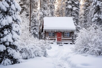 A cozy snowcovered log cabin nestled in the serene woods during winter, surrounded by tall evergreen trees and a quiet, peaceful atmosphere