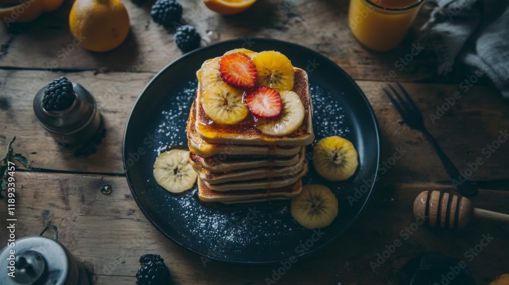 Poster a flat lay of honey toast stacked high, drizzled with honey and adorned with sliced fruits, served o