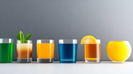Vibrant colorful cocktails neatly arranged brightly lit studio shot. AI Generated