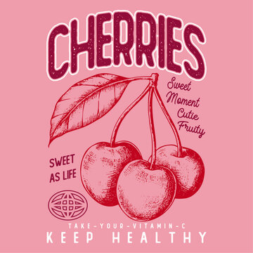 vector image of cherries written cherry sweet moment print style. Vector for silkscreen, dtg, dtf, t-shirts, signs, banners, Subimation Jobs or for any application. vintage graphics print art,