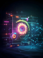 Fototapeta premium Futuristic digital interface design, glowing neon elements, network connections, abstract background, ideal for tech websites