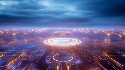 Futuristic digital landscape under stormy sky; glowing circuit board; data processing; technology background; ideal for sci-fi or tech concepts