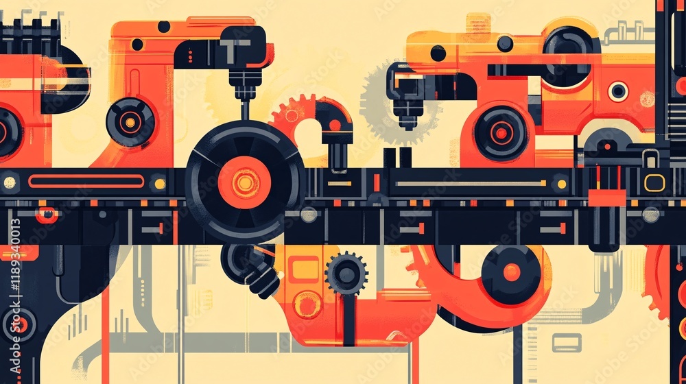 Aufkleber robotic arms on a production line with layered design elements