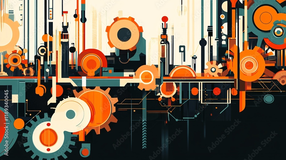 Poster robotic production line abstract with layered geometric elements