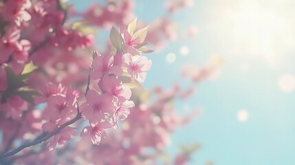 Obraz premium Blooming Tree with Flowers Against Sunny Sky and Soft Background