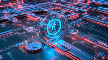 Futuristic digital security system, glowing holographic padlock on circuit board, abstract background, ideal for cybersecurity concepts