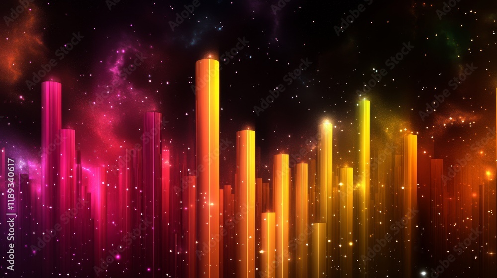 Leinwandbilder A futuristic D bar graph with digital effects, showing bars rising from a glowing grid, set against a dark starry background for a high-tech and innovative look.