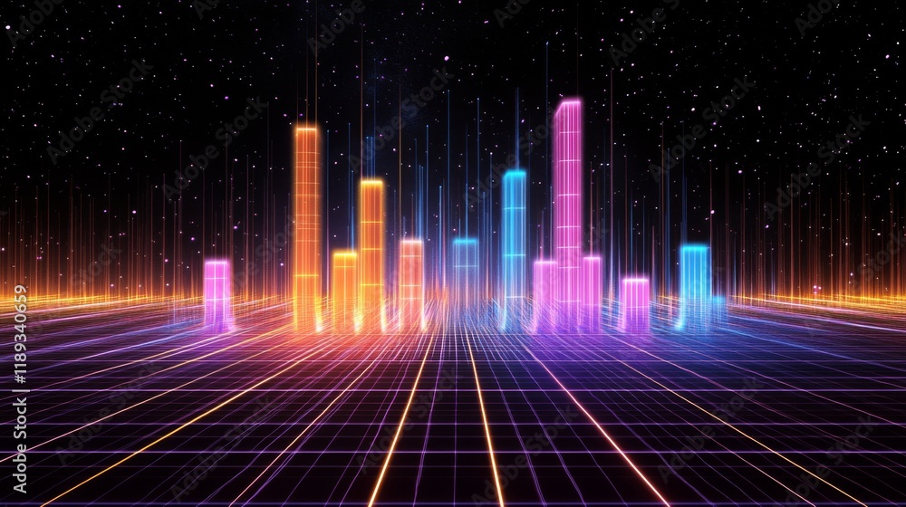 Fototapete a futuristic d bar graph with digital effects, showing bars rising from a glowing grid, set against 