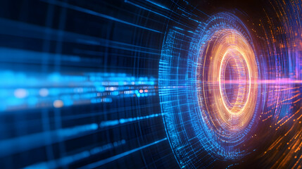 Fototapeta premium Futuristic digital tunnel, data streams, glowing rings, abstract background, tech concept