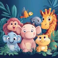 Naklejka premium Adorable Baby Animals Gather In Lush Tropical Foliage