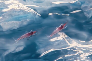 A pair of Antarctic krill drifting in the Southern Ocean currents, vital prey for many Antarctic animals. 