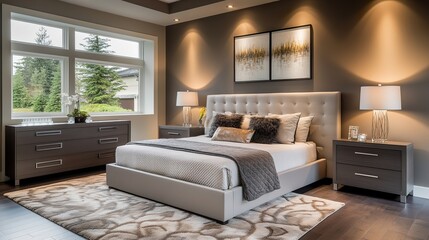 Neutral-toned bedroom with a plush bed, large windows offering a view of lush greenery, and warm lighting creating a serene atmosphere.