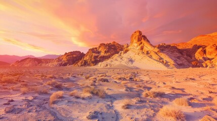 Naklejka premium a surreal desert landscape ablaze with vibrant hues of orange and pink, white space in the center of the page for text, bold rock formations and shifting sands under a fiery sky