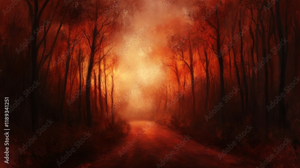 Poster a haunting view of a forest road lined with smoke from a nearby wildfire, with trees silhouetted aga