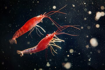 A pair of Antarctic krill drifting in the Southern Ocean currents, vital prey for many Antarctic animals. 